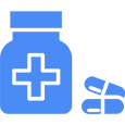 A blue pill bottle and two pills on a black background